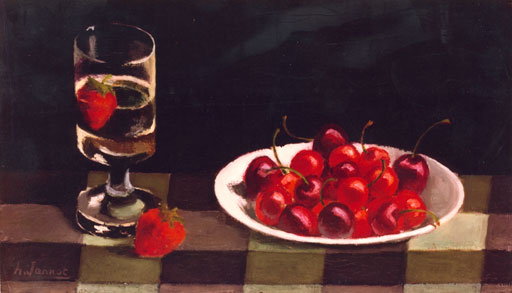 Henri Jannot - Huile sur toile - Fraises et cerises - 1972