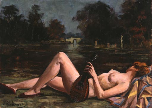 Henri Jannot - Huile sur toile - Nu à la mandoline - 1976